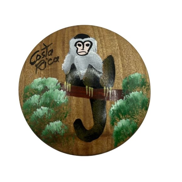 Hand Carved Wooden Trinket Box Hand Painted Costa Rica Monkey Approx 2" Dia - Picture 1 of 5